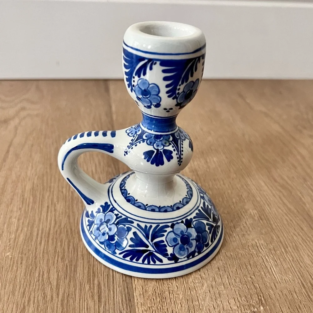 Vintage Royal Delft Porceleyne‎ Fles Blue Hand Painted Candle Holder Signed
